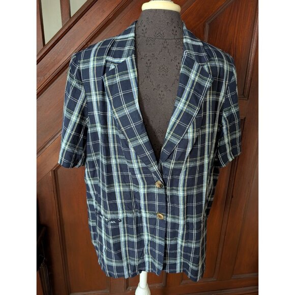 Requirements Plaid Womens Short-Sleeve Blazer Size 20W Blue White - Picture 1 of 7